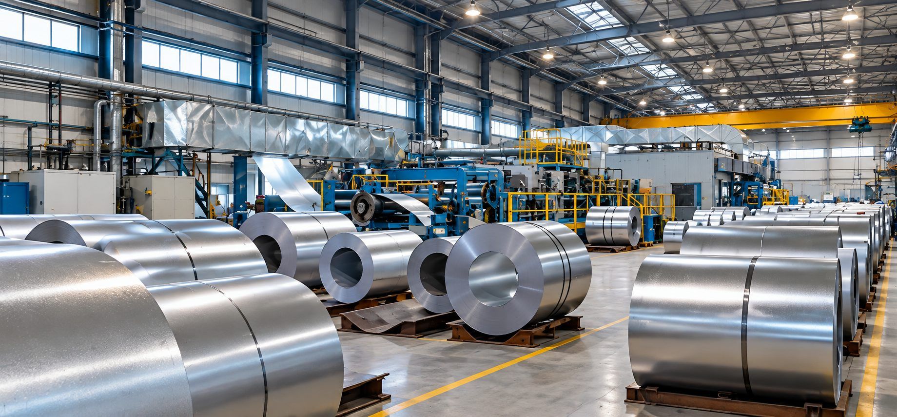 Steel coils stored inside a large factory hall